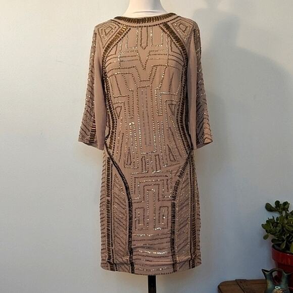 Spotlight by Warehouse Geometric Sequin Beaded 3/4 Sleeve Midi Dress Tan - Picture 1 of 7